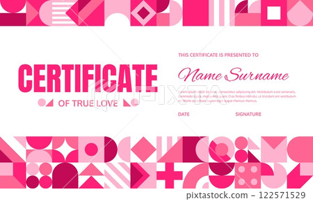Valentines day certificate template with geometric shapes. Vector charming and elegant diploma, certificate of true love in shades of pink featuring abstract patterns along the top and bottom borders Valentines day certificate template with geometric shapes. Vector charming and elegant diploma, certificate of true love in shades of pink featuring abstract patterns along the top and bottom borders 122571529