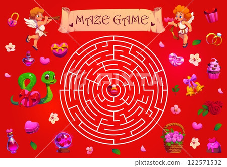Valentines day labyrinth maze game with cherubs and snake. Vector riddle with circular maze contains engagement ring as a romantic prize in the center, surrounded by hearts, roses and festive gifts Valentines day labyrinth maze game with cherubs and snake. Vector riddle with circular maze contains engagement ring as a romantic prize in the center, surrounded by hearts, roses and festive gifts 122571532