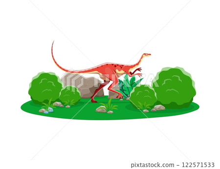 Alvarezsaurus prehistoric dinosaur character. Isolated vector bipedal herbivore dino animal with red spotted skin at lush green prehistoric nature landscape with rocks, grass and green foliage Alvarezsaurus prehistoric dinosaur character. Isolated vector bipedal herbivore dino animal with red spotted skin at lush green prehistoric nature landscape with rocks, grass and green foliage 122571533