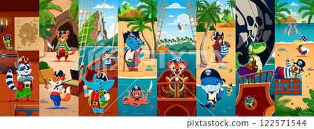 Cartoon animal pirate and corsair characters collage with fox, raccoon or shark, parrot, elephant, cat or hippo. Walrus, sloth, crocodile, tiger, pelican, seahorse, whale, octopus on tropical island 122571544