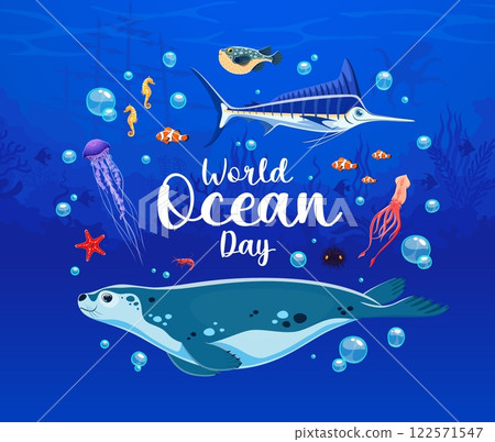 World Ocean Day banner featuring a variety of ocean animals and marine biodiversity as seal, swordfish and squid. Cartoon vector poster celebrates conservation efforts and the beauty of undersea life World Ocean Day banner featuring a variety of ocean animals and marine biodiversity as seal, swordfish and squid. Cartoon vector poster celebrates conservation efforts and the beauty of undersea life 122571547