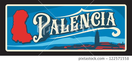 Palencia Spanish province community of Castile and Leon. Vector travel plate, vintage sign, retro postcard design. Old Spain plaque with skyline and map of region or area, tourist banner Palencia Spanish province community of Castile and Leon. Vector travel plate, vintage sign, retro postcard design. Old Spain plaque with skyline and map of region or area, tourist banner 122571558