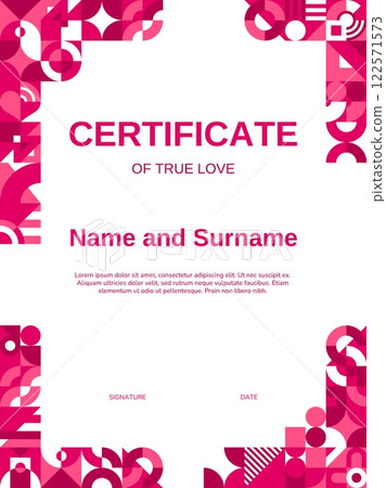Valentines day vertical diploma certificate with geometric shapes. Vector retro modern romantic layout of true love with abstract pattern framing the corners in shades of pink, white and burgundy Valentines day vertical diploma certificate with geometric shapes. Vector retro modern romantic layout of true love with abstract pattern framing the corners in shades of pink, white and burgundy 122571573