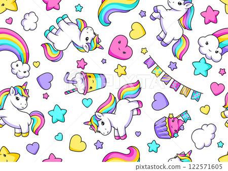 Pattern with unicorns. Happy birthday party background. 122571605