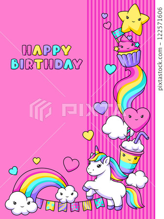 Background with unicorn. Happy birthday party invitation. 122571606