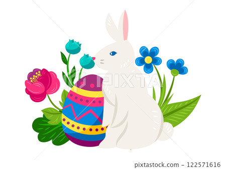 Happy Easter greeting card. Cute bunny, egg and flowers for celebration. 122571616