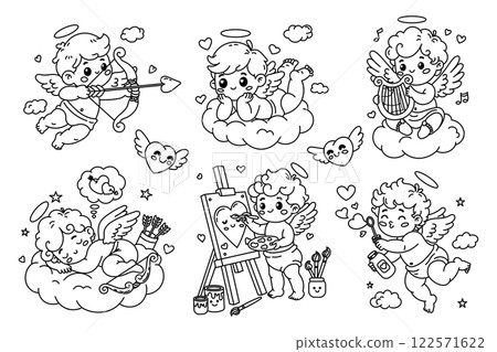 Vector set of Cupid illustrations. Cupid playing harp, painting, shooting arrows, sleeping, blowing bubbles, dreaming 122571622