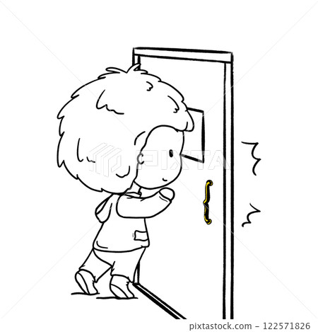 Little boy tiptoes and knocks the door outline illustration, kid knocking door cartoon doodle drawing 122571826