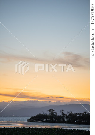 A beautiful Japanese sunset with a clear sky and Lake Biwa 122571930