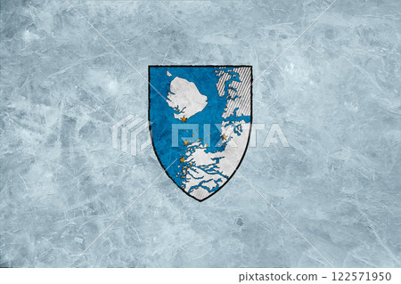 Official flag and coat of arms of Qeqertalik. Greenland. Conceptual collage on ice texture 122571950