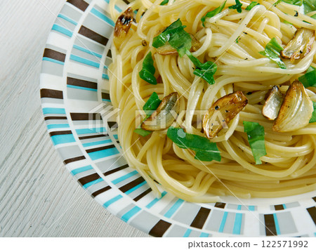 spaghetti with garlic and oil spaghetti with garlic and oil 122571992