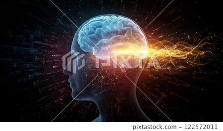 科技創新,知識與靈感的迸發,一個人的側影,閃閃發光的大腦,一束火焰般的光芒。 科技創新,知識與靈感的迸發,一個人的側影,閃閃發光的大腦,一束火焰般的光芒。 122572011