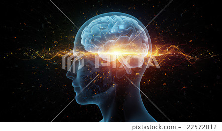 科技創新,知識與靈感的迸發,一個人的側影,閃閃發光的大腦,一束火焰般的光芒。 科技創新,知識與靈感的迸發,一個人的側影,閃閃發光的大腦,一束火焰般的光芒。 122572012