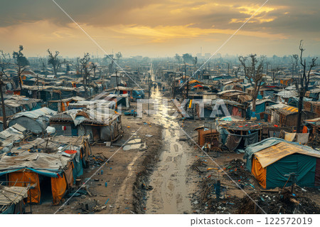 In the morning light, a migrant camp on the outskirts of a city shows makeshift shelters constructed from salvaged materials 122572019