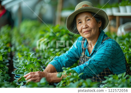 Elderly Asian female farmer wearing a hat and apron carefully tending to her crops inside a lush greenhouse, dedication and nurturing care 122572056