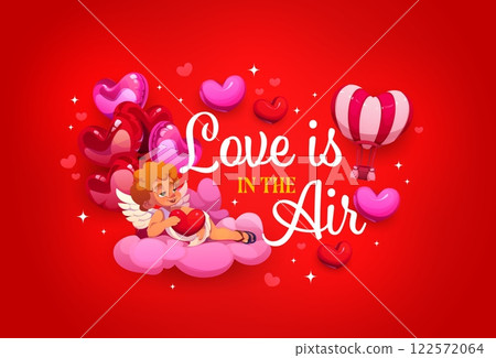 Love is in the air valentines day quote phrase, featuring a relaxed cupid on a cloud holding a heart, surrounded by balloons and elegant typography on a bright red background with scattered sparkles Love is in the air valentines day quote phrase, featuring a relaxed cupid on a cloud holding a heart, surrounded by balloons and elegant typography on a bright red background with scattered sparkles 122572064
