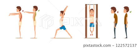 Teen Boy Doing Exercise with Correct and Wrong Spine Posture Vector Set Teen Boy Doing Exercise with Correct and Wrong Spine Posture Vector Set 122572137
