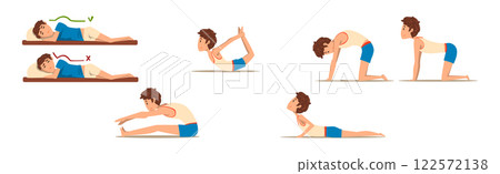 Teen Boy Doing Exercise with Correct and Wrong Spine Posture Vector Set Teen Boy Doing Exercise with Correct and Wrong Spine Posture Vector Set 122572138