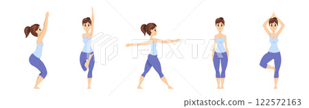 Young Woman Practicing Yoga Asana Stretching Body Standing in Different Pose Vector Set 122572163