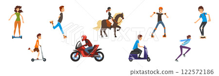 Man and Woman Ride and Drive Different Kind of Urban Transport Vector Set 122572186