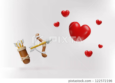 Cupid bow with arrow aims for heart heart 3D plastic style vector icon, cartoon love symbol amour target, archery weapon 122572196