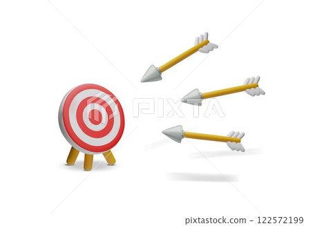 Red target and arrows 3D plastic style, vector archery tool, shoot instrument, business goal, strategy targeting concept 122572199