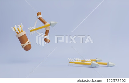 3D vector illustration of drawn bow, quiver and fallen arrows. Cupid's equipment. 3D vector illustration of drawn bow, quiver and fallen arrows. Cupid's equipment. 122572202