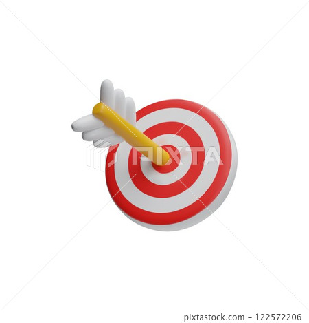 Red target and arrow in the center 3D vector icon, archery tools, business goal achievement, success strategy concept 122572206