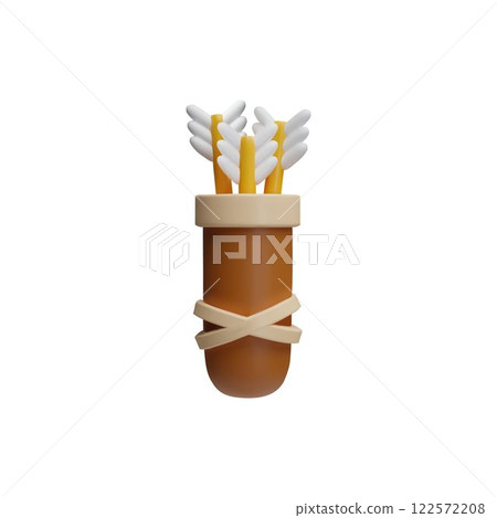 Quiver with arrows 3D cartoon plastic icon, volume archery or hunter holder container case, medieval weapon game asset 122572208