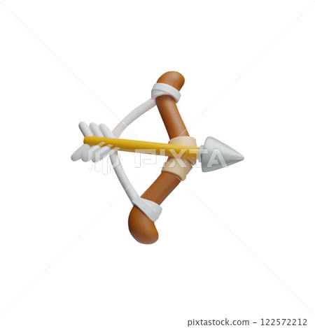 3D bow with arrow aiming cartoon plastic style icon, volume medieval archery, hunter weapon, ancient warrior game asset 122572212