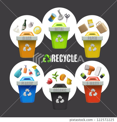 Garbage sorting containers with recycle symbol, vector metal, paper, glass, E-waste, plastic organic colorful trash bins 122572225