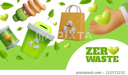 Green Zero waste logo with heart 3D ecological design, Eco bag and recycle garbage bin, reuse battery and light bulb 122572232