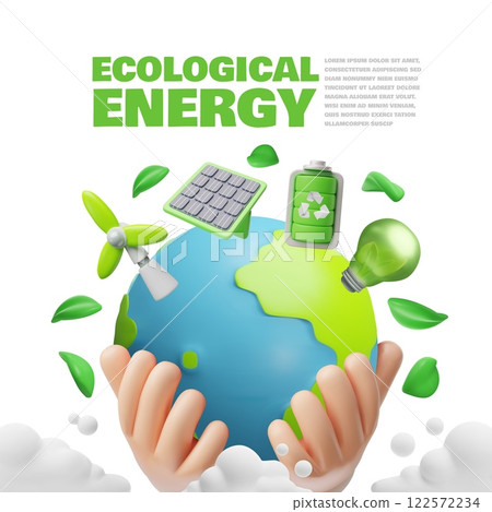 Planet earth in hand with Green power symbols, alternative ecological energy 3D vector poster, wind turbine, solar panel 122572234