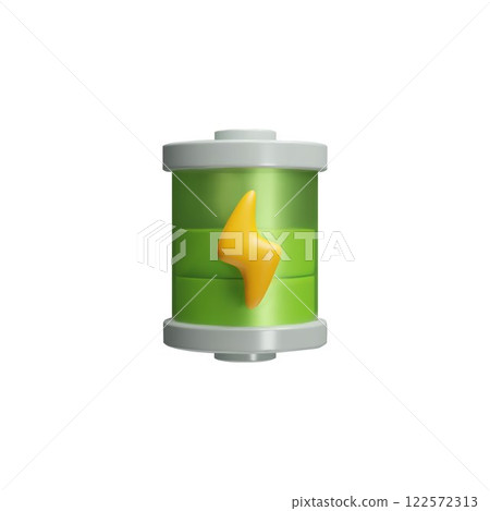 3D green ecological battery plastic style vector render icon, green energy, Eco battery cylinder storage voltage symbol 122572313