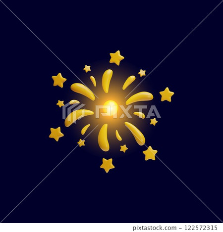Sparkling light, shiny sparkler, 3D vector festive golden glow bang, firework explosion, bursting salute, stars on dark 122572315