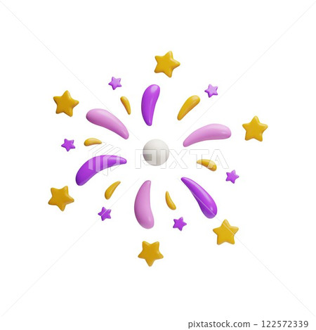 3d vector firework with stars in purple and yellow colors, isolated background. 122572339