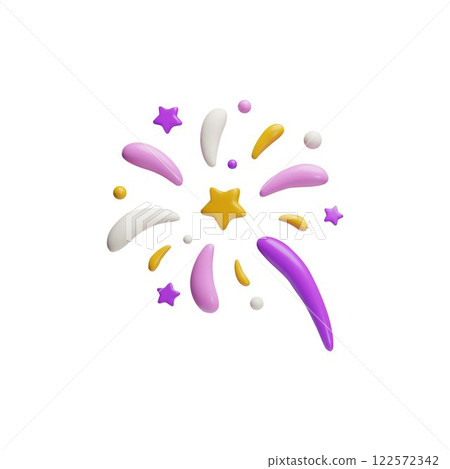 Sparkling firework explosion, vector firecracker 3D plastic style, bursting flash with colorful stars, festive salute 122572342