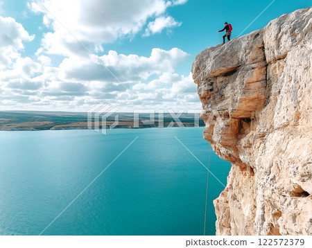 A climber rappelling down a steep rock face with a stunning turquoise lake and expansive sky 122572379