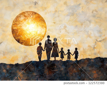 A family of five holding hands, silhouetted against a golden glowing textured sun 122572380