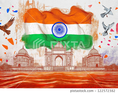 Artistic depiction of an Indian landmark with the national flag, flying doves 122572382