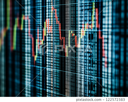 Close-up view of a colorful candlestick chart displaying financial market 122572383