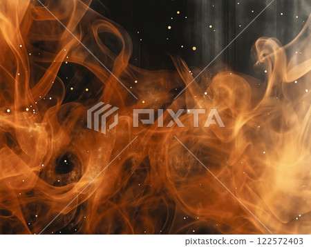 An abstract smoky background with swirling orange wisps and scattered glowing dots 122572403
