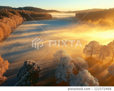Frosty fields with golden sunlight casting long shadows and a misty atmosphere during sunrise 122572408