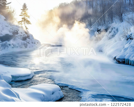 Frozen river surrounded by snowy cliffs and mist rising 122572428