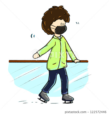Boy ice skates slowly illustration, ice skating beginner walking on ice color drawing 122572446