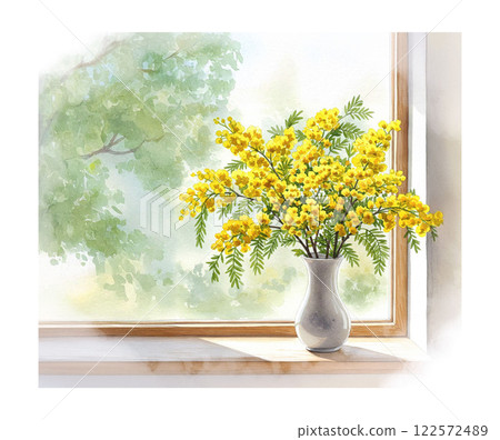 Yellow mimosa flowers on a windowsill Yellow mimosa flowers on a windowsill 122572489