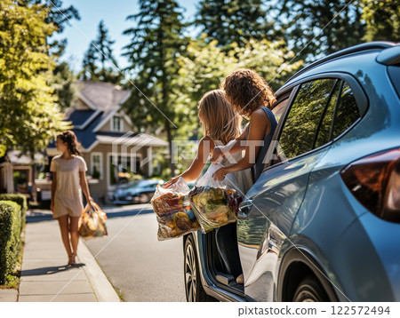 A family unloading groceries from a car in a suburban neighborhood with a woman walking 122572494