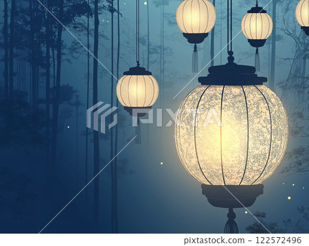 Elegant traditional lanterns glowing softly in a misty forest, creating a serene and magical atmosphere Elegant traditional lanterns glowing softly in a misty forest, creating a serene and magical atmosphere 122572496