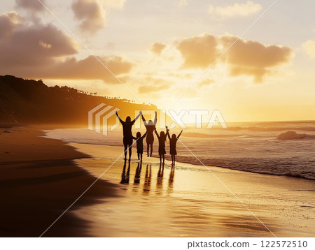 A family of five enjoying a sunset on a sandy beach, silhouetted against the glowing sky 122572510