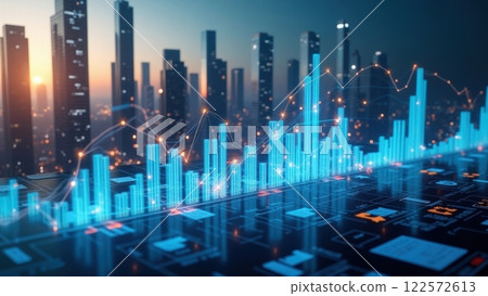 Futuristic Cityscape with Corporate Structures at Dusk 122572613